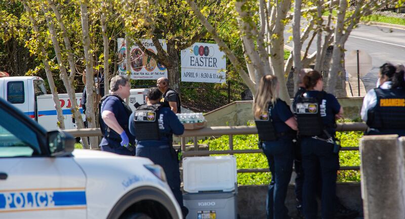 Metro Nashville Police Department and officials on the scene outside The Covenant School in Nashville, Tennessee, on Monday. Photograph: Hamilton Matthew Masters