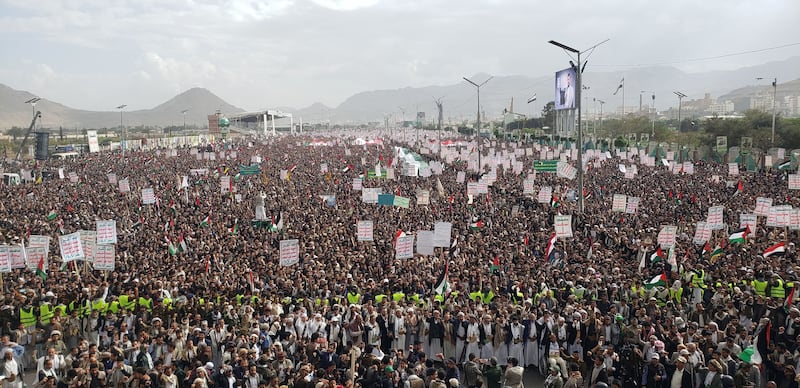 Houthi supporters protest against the United States and Israel and in support of Palestinians, in Sana'a, Yemen. Photograph: Yahya Arhab/EPA