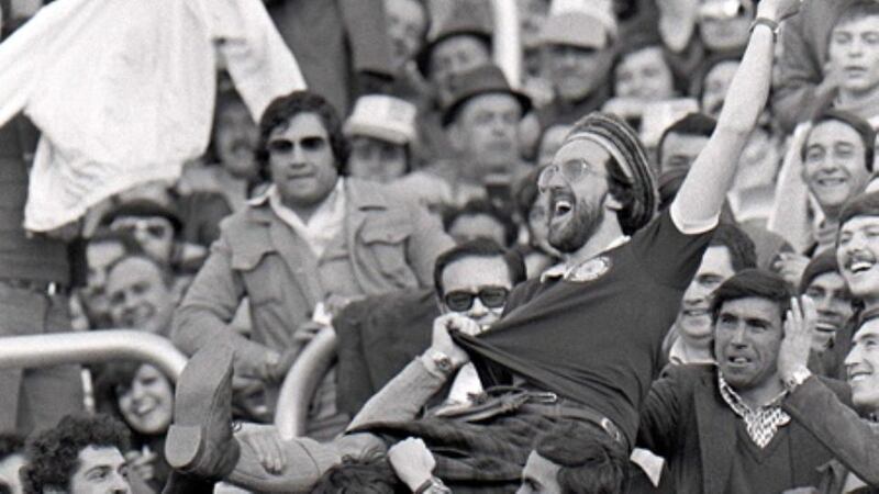 Colin “Pid” Weddell, wearing his kilt, is held aloft by locals as he celebrates Archie Gemmill’s legendary goal against the Netherlands in the 1978 World Cup in Mendoza. Weddell had travelled 9,500 miles from Scotland with two friends to be there