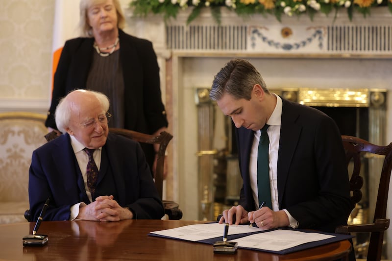 President Michael D Higgins and Taoiseach Simon Harris dissolve the Government at Áras an Uachtaráin. Photograph: Chris Maddaloni

