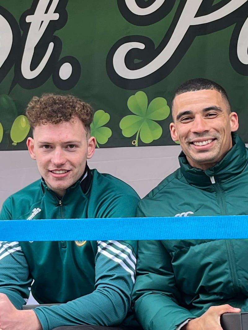 Joint grand marshals at the Tullamore St Patrick's Day parade, Offaly U20 All Ireland hurling captain Dan Bourke and Olympian Jordan Conroy.. Photograph: Vivienne Clarke