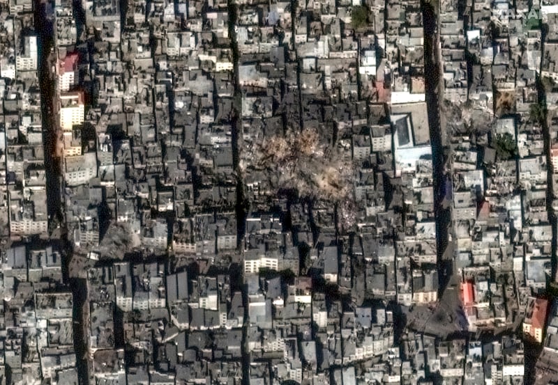 An overview of Jabalia Refugee Camp in Gaza after explosions on Wednesday. Photograph: Maxar Technologies/AP