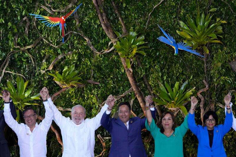 From left, Colombia’s President Gustavo Petro, Brazil’s President Luiz Inácio Lula Da Silva, Bolivia’s President Luis Arce, Peru’s President Dina Boluarte and Venezuela’s vice president Delcy Rodriguez (AP Photo/Eraldo Peres)