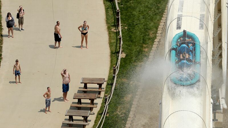 In this July 9th, 2014 file photo, riders are propelled by jets of water as they go over a hump while riding a water slide called “Verruckt” at Schlitterbahn Waterpark in Kansas City, Kansas. Photograph: Charlie Riedel/AP