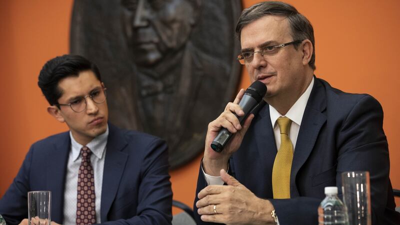 Marcelo Ebrard, Mexico’s foreign minister,right, speaks during a news conference at the Embassy of Mexico in Washington, DC on Wednesday. Photographer: Anna Moneymaker/Bloomberg