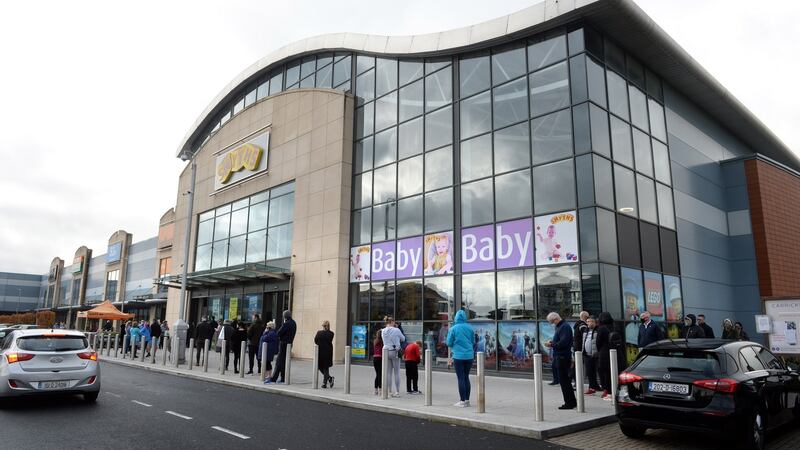 Queues forming outside Smyths store in Carrickmines, Dublin, on Monday October 5th, as people worried that Ireland was about to enter Level 5 restrictions. Photograph: Dara Mac Dónaill