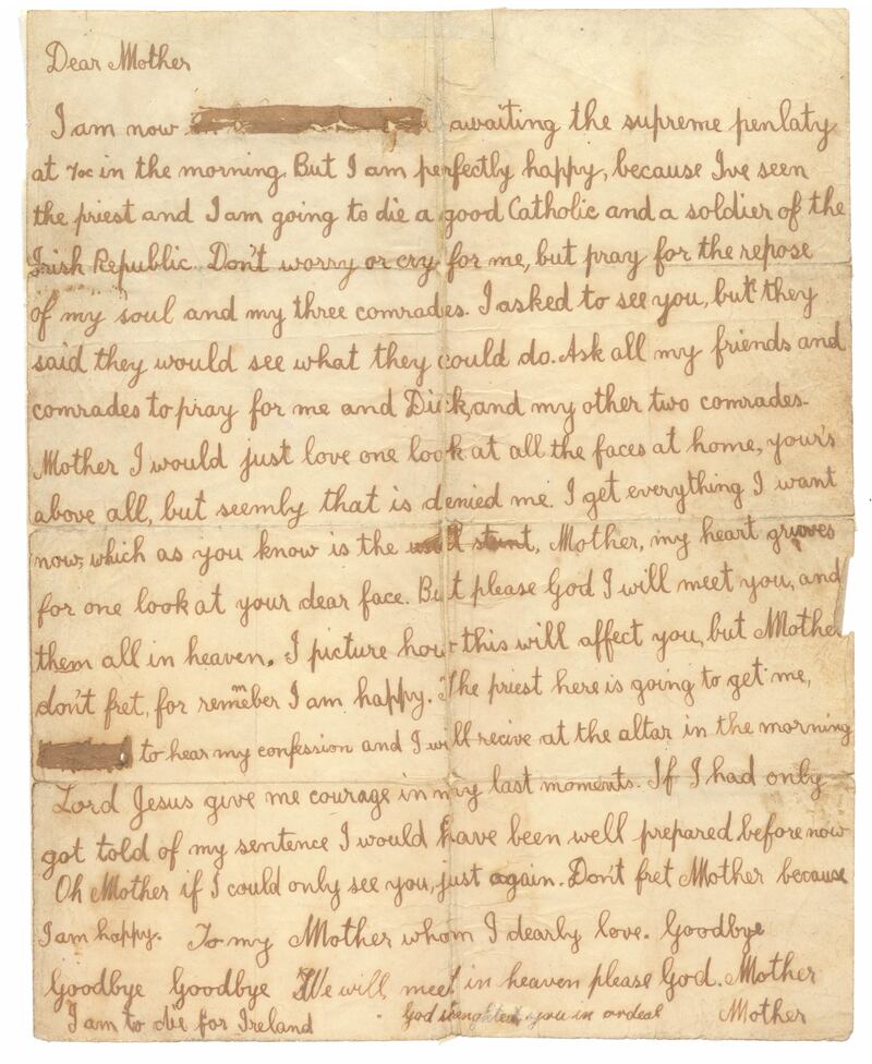 James Fisher’s last letter to his mother has gone on display at Kilmainham Gaol to mark the centenary of the executions. It is a desperate mixture of bravado and heartbreak.