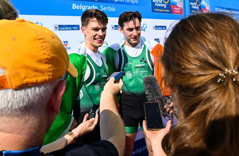 Fintan McCarthy and Paul O’Donovan after winning gold  at the 2023 World Championships in Belgrade. Photograph: Detlev Seyb/Inpho