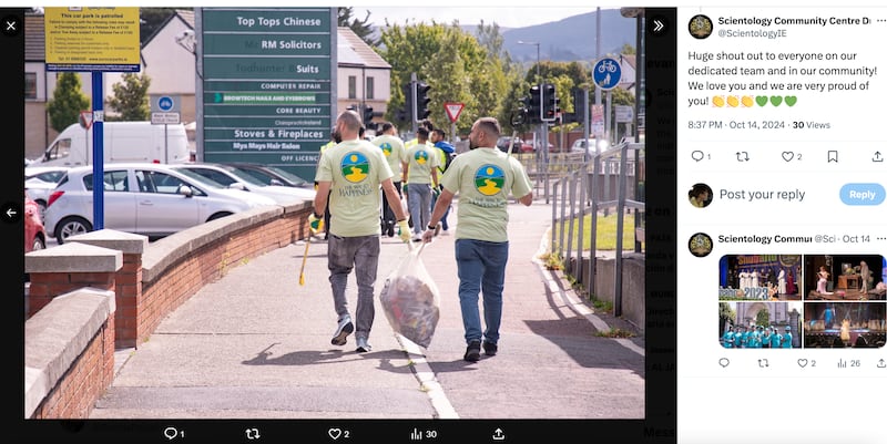 Screenshot of X post by the Scientology Community Centre Dublin about volunteers working in the community. Photograph: Scientology Community Centre Dublin/X