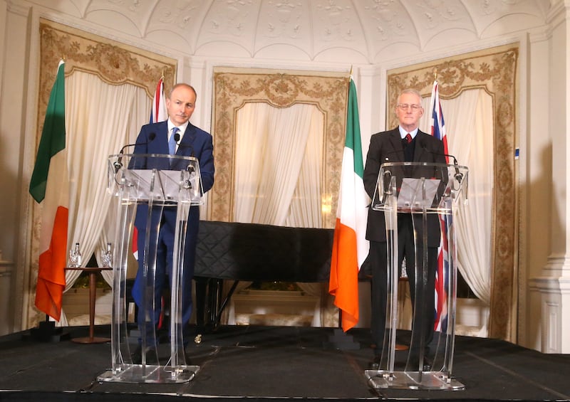 Tánaiste Micheál Martin with Secretary of State for Northern Ireland Hilary Benn (right) at Farmleigh House in Dublin on Tuesday. Photograph: Stephen Collins/Collins Photos