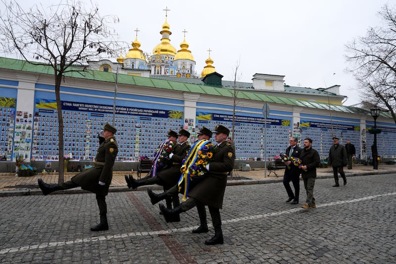 British prime minister Keir Starmer and Ukrainian president Volodymyr Zelenskiy arrive to lay wreaths at the Wall of Remembrance of the Fallen for Ukraine on January 16th in Kyiv, Ukraine. Photograph: Carl Court/Getty Images