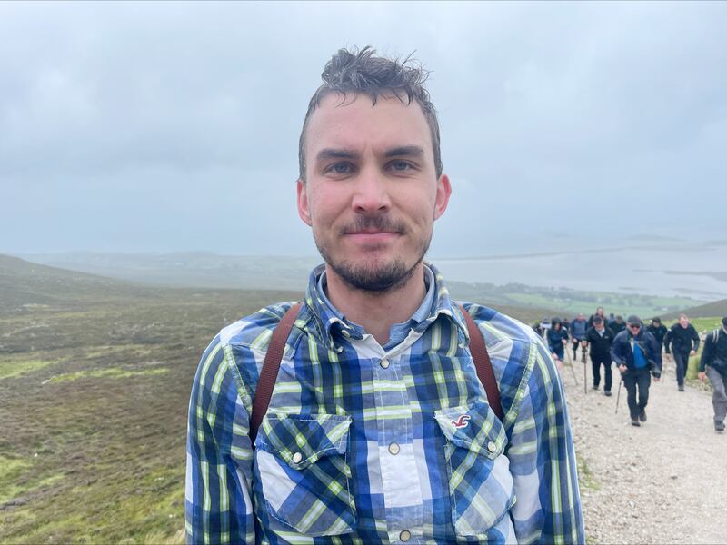 Jacob Kemprud from San Francisco climbs Croagh Patrick on Reek Sunday. Photograph: Fiachra Gallagher