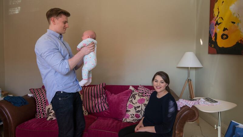 “Already a loving partner, Alexandra has brought out even more of my boyfriend’s caring nature,” says Claire Woods of Peter after the birth of their daughter. Photograph: Brenda Fitzsimons