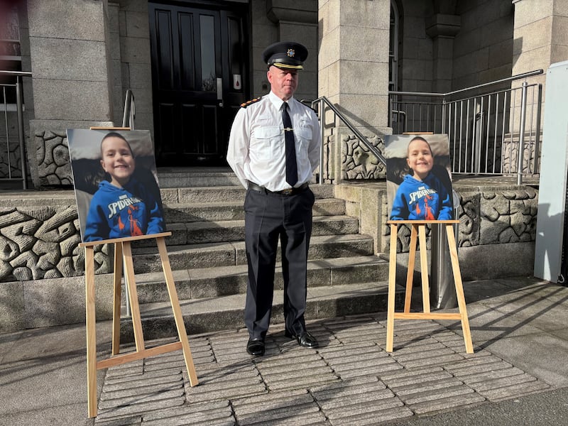 Chief Supt Alan McGovern outside Dundalk Garda station on Tuesday with photos of Kyran Durnin, who is missing presumed dead. Photograph: Cate McCurry/PA