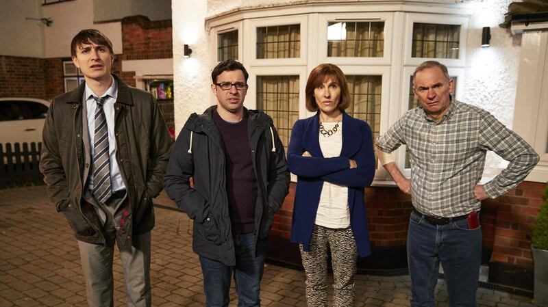 Tom Rosenthal, Simon Bird, Tamsin Greig and the late Paul Ritter on the set of Friday Night Dinner