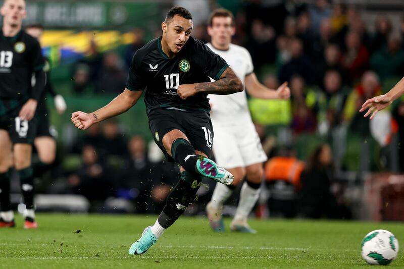 Adam Idah scores Ireland's goal against New Zealand. Photograph: Ben Brady/Inpho