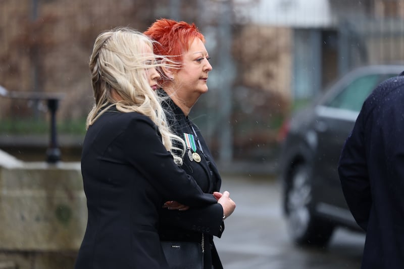 Tania and Hazel Doyle at the funeral of Derek Doyle in Cabra on Tuesday. Photograph: Dara Mac Dónaill