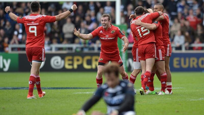 Munster celebrate after Ian Keatley’s match-winning drop goal in their European Rugby Champions Cup match against  Sale Sharks  at AJ Bell Stadium. Photograph:  Gareth Copley/Getty Images