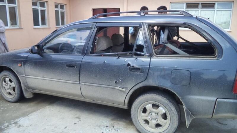 A bullet-ridden vehicle that was transporting Associated Press journalists Anja Niedringhaus, a German photographer and Kathy Gannon, a Canadian reporter, in Khost, Afghanistan when a policeman opened fire while they were sitting in their car. Photograph:  EPA/AHMADULLAH AHMADI