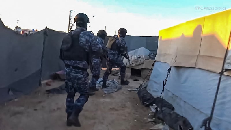 An image grab from a video made available on the People’s Protection Units’ (YPG) press office  shows Kurdish YPG forces conducting a security operation at the  Al-Hol camp which holds suspected relatives of Islamic State fighters.  Photograph: YPG Press Office/AFP via Getty Images