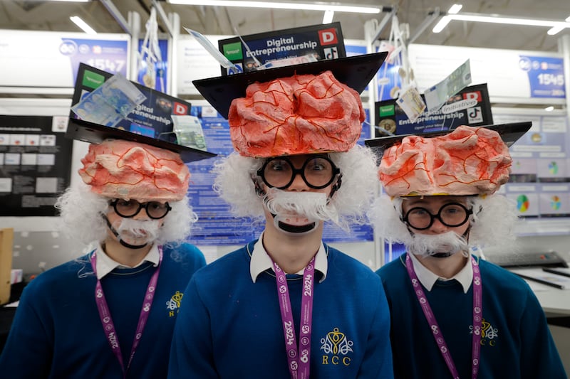 Jamie Lohan, Eoghan Morris and Callum Leech from Roscommon Community College with their project Exploring Adolescent Digital Entrepreneurship at the 60th Annual BT Young Scientist & Technology Exhibition. Photograph: Alan Betson / The Irish Times

