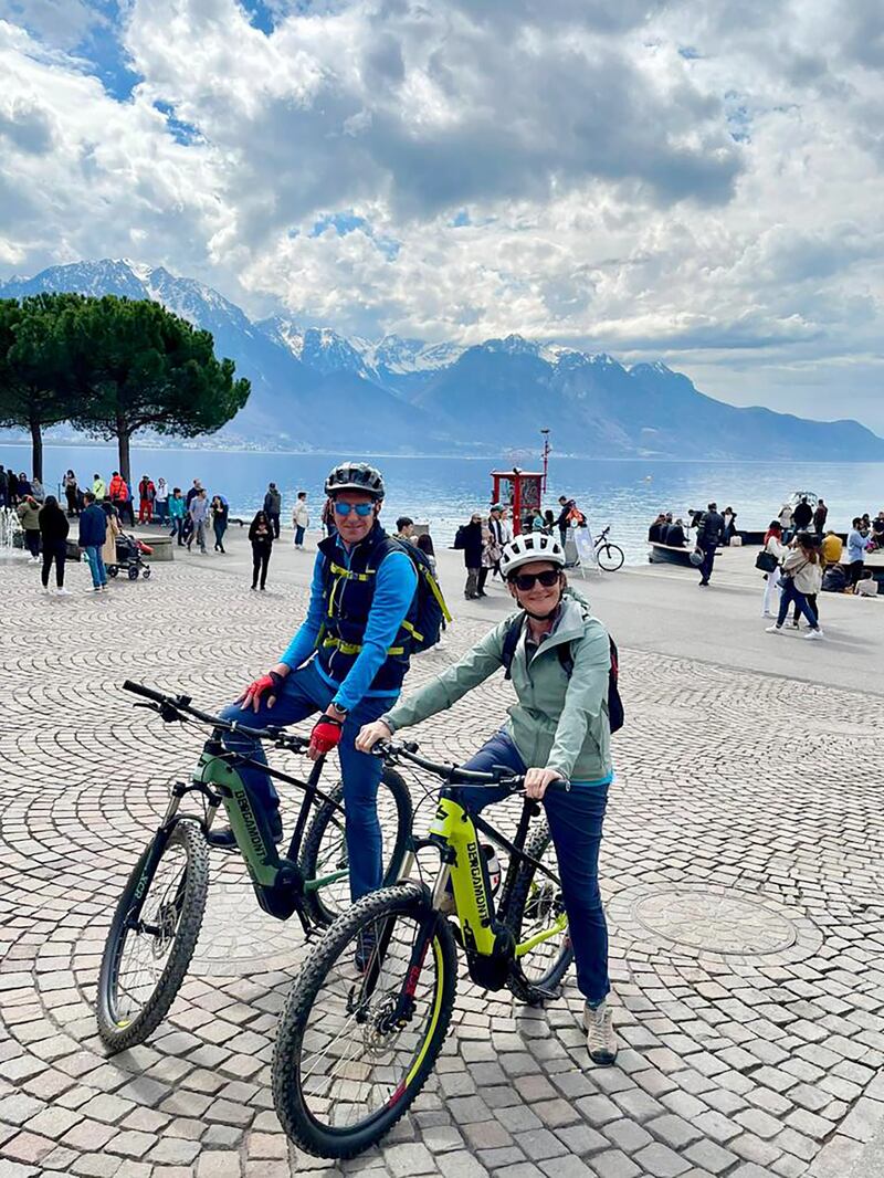 Aileen Woulfe and her husband Ronan biking in Switzerland: 'I am forever thankful that Ronan persuaded me to give Switzerland a shot “for a year”.'