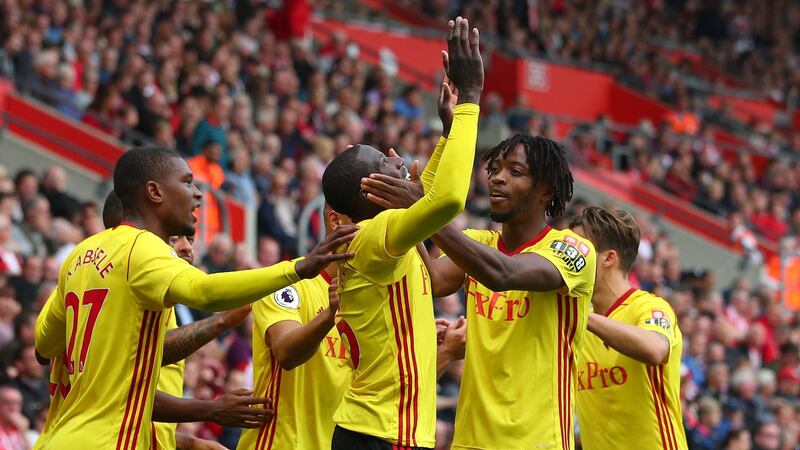 Watford celebrate Abdoulaye Doucoure’s opener against Southampton. Photograph: Hannah McKay/Reuters