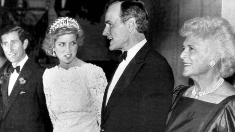 A file image showing  Prince Charles (left) and Princess Diana (second left) greet the then US vice president George Bush and Barbra Bush during dinner at a reception at the British Embassy in  1985. Photograph: Reuters