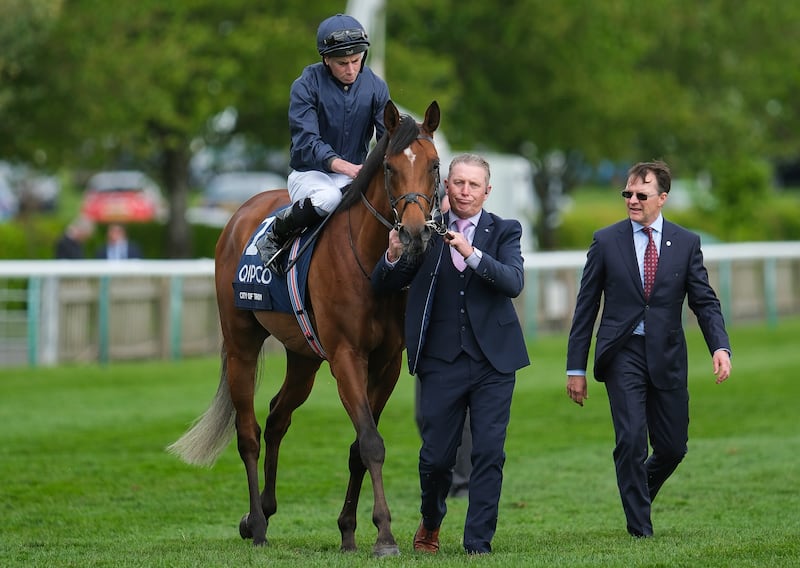 Ryan Moore on City Of Troy with trainer Aidan O'Brien. Photograph: Alan Crowhurst/Getty Images