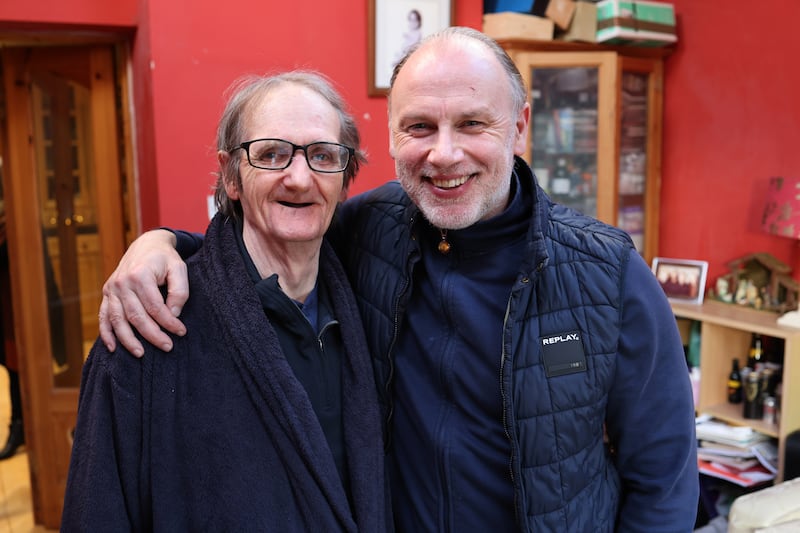 Paddy Armstrong with actor Don Wycherley who plays him in a theatre adaptation of his memoir Paddy – The Life and Times of Paddy Armstrong. Photograph: Dara Mac Dónaill