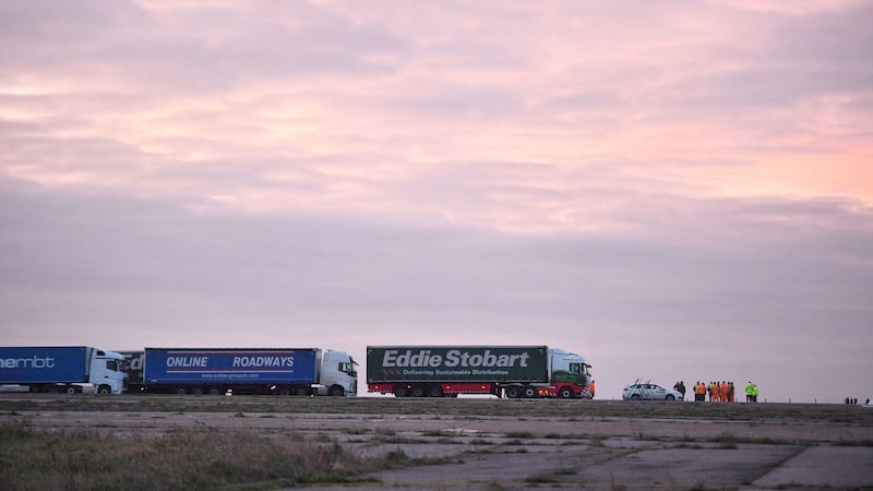 A trial at the former Manston Airport site in Kent of a government plan to hold lorries in the event of post-Brexit disruption at the channel ports. Photograph: Victoria Jones/PA Wire