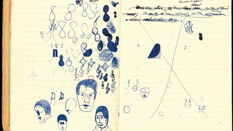 Pages from a draft of Samuel Beckett’s first novel Murphy, featuring doodles of  various people including James Joyce.