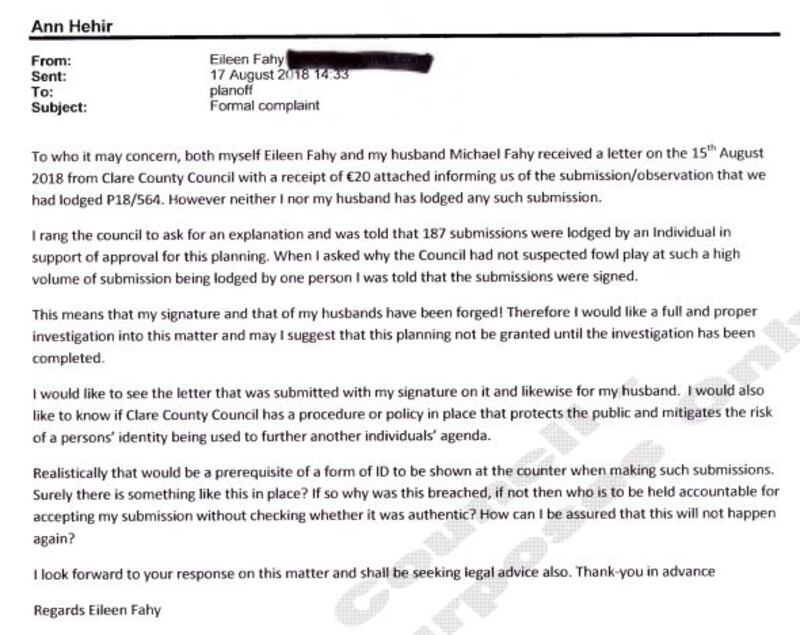 Eileen Fahy's email to the council complaining her signature was forged