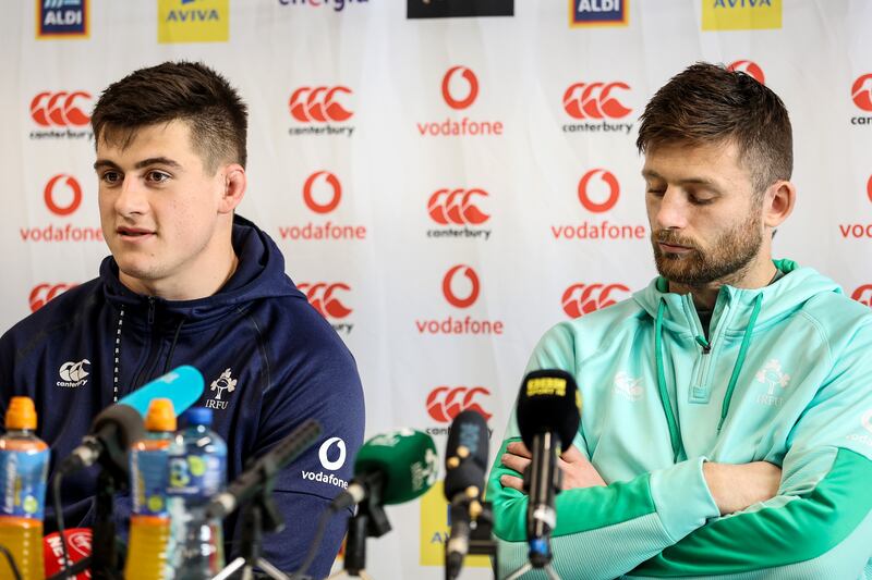 Dan Sheehan and Ross Byrne during a press conference at the IRFU High Performance Centre, Sport Ireland Campus, on Tuesday. Photograph: Ben Brady/Inpho