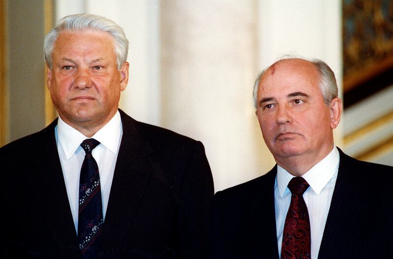 Mikhail Gorbachev (right) with Boris Yeltsin in 1991. Photograph: Alexander Zemlianichenko/AP