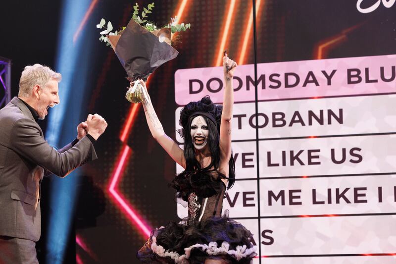 Patrick Kielty congratulates Bambie Thug as they are crowned the winner of the Late Late Eurosong special in January. Photograph: Andres Poveda