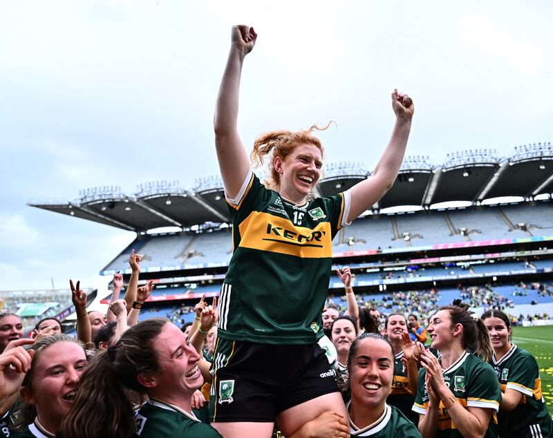 Louise Ní Mhuircheartaigh celebrates after the All-Ireland final match between Galway and Kerry at Croke Park in Dublin. Photograph: Piaras Ó Mídheach/Sportsfile