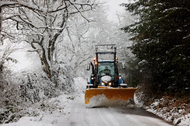 A Kilkenny County Council snow plough clears the roads in the hills near Castlewarren near Kilkenny City. Photograph: Alan Betson 
