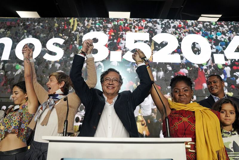 Gustavo Petro and Francia Márquez celebrate in Bogotá. Photograph: Federico Rios/The New York Times)