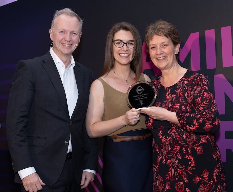 Matt Cooper, Today FM presenting the winners of Best Small
Family Business of the Year: Long Meadow Cider - Catherine McKeever, Alana McKeever. Photograph: Paul Sherwood