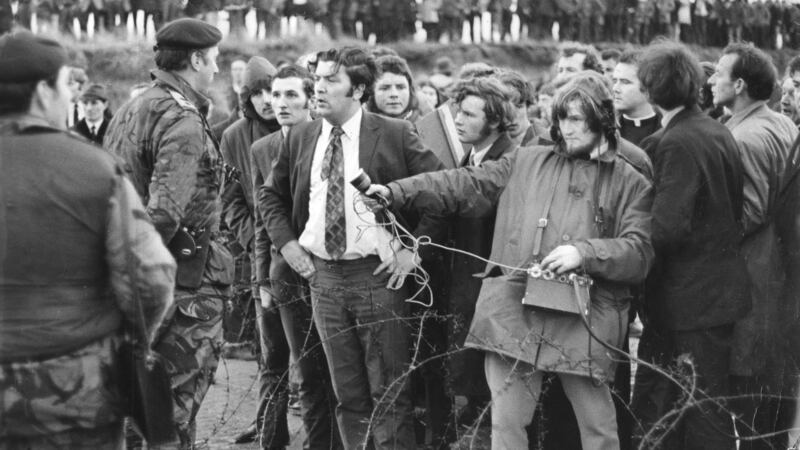 John Hume speaking to a British soldier during an anti-internment rally in Derry. Photograph: Jimmy McCormack/The Irish Times