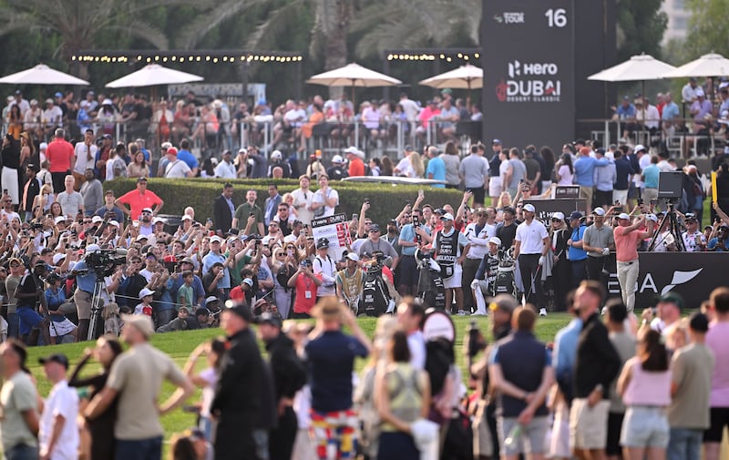 Rory McIlroy tees off on the 17th hole on day four of the Hero Dubai Desert Classic at Emirates Golf Club in Dubai, United Arab Emirates. Photograph:  Ross Kinnaird/Getty Images