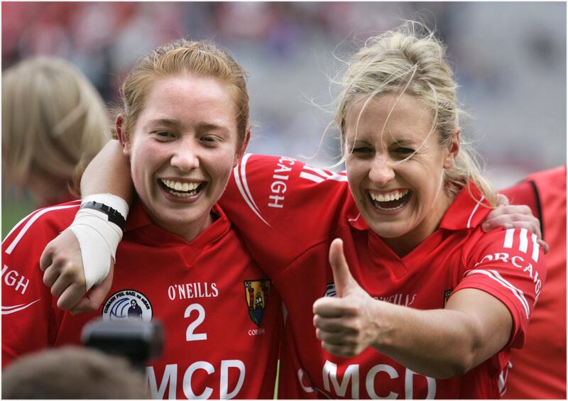 Rena Buckley and Bríd Stack celebrate beating Dublin in the All-Ireland at Croke Park in 2009. Photograph: Dara Mac Dónaill