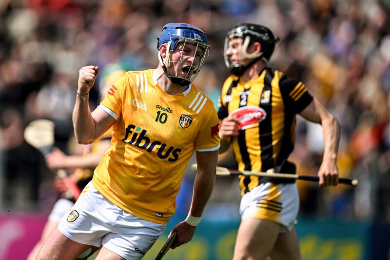 Antrim's Keelan Molloy celebrates scoring a goal against Kilkenny. Photograph: Cathal McOscar/Inpho     