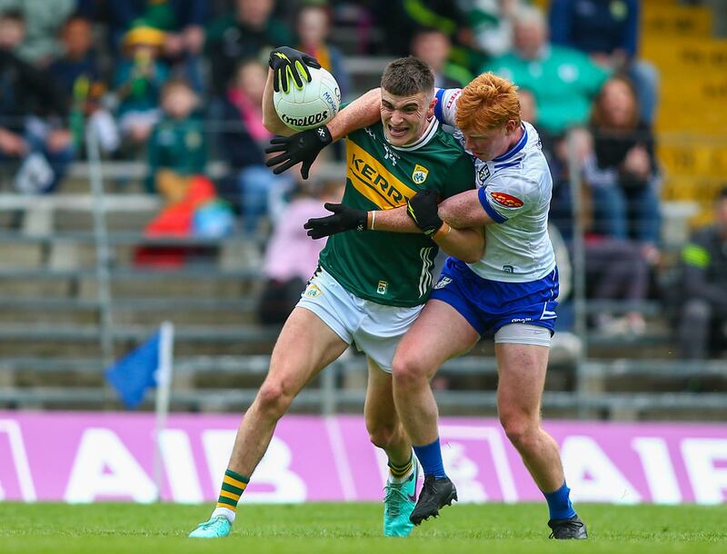 Monaghan's Ryan O'Toole tackles Kerry's Sean O'Shea. O'Shea and David Clifford remain central to the Kingdom's All-Ireland ambitions. Photograph: Ken Sutton/Inpho