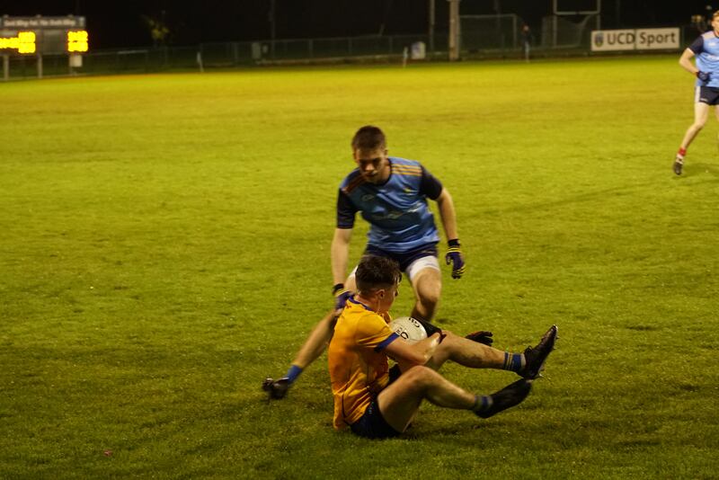 DCU and UCD players in action on Thursday night. UCD had 16 kickouts, won five, lost 11. DCU had 21 kickouts, won 10, lost 11. And UCD won the game. Photograph: Enda O'Dowd