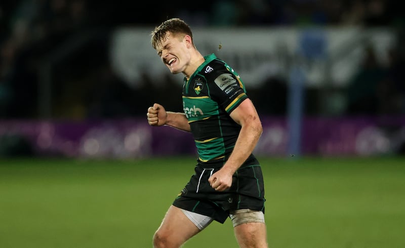 Fin Smith of Northampton celebrates after kicking the winning penalty against Bath on January 5th, 2025, in Northampton, England. Photograph: David Rogers/Getty Images