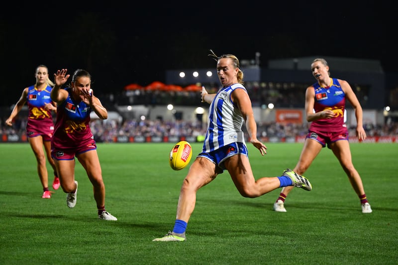 Vikki Wall of the Kangaroos kicks the ball during the AFLW Grand Final match between North Melbourne Tasmanian Kangaroos and Brisbane Lions at Ikon Park in Melbourne, Australia. Photograph: Quinn Rooney/Getty Images