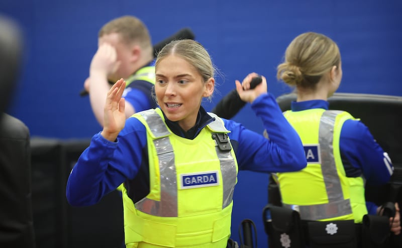 Trainee Garda Jessica Scully from Beaumont, Dublin during an ‘Officer and Public Safety (OPS) Training’ module exercise at the Garda College Templemore, Co.Tipperary. Photo: Bryan O’Brien / The Irish Times
