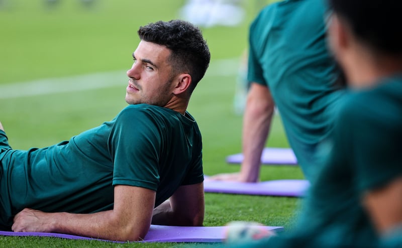 freland's John Egan takes a breather during training at the Parc des Princes in Paris yesterday. Photograph: Ryan Byrne/INPHO